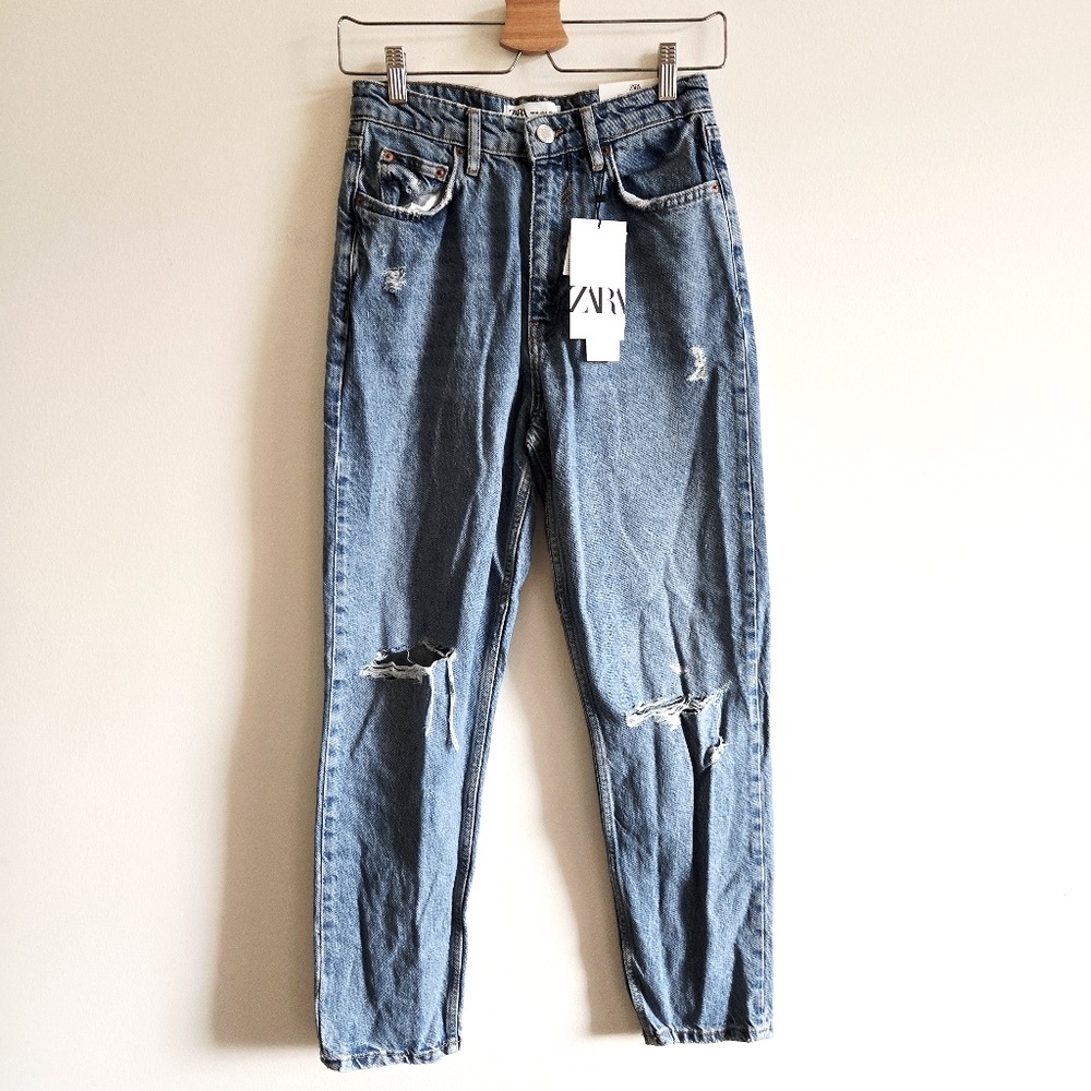 ZARA I NWT US 4 90s Mom Fit High Waist Slim Leg Distressed Denim Jeans I blue